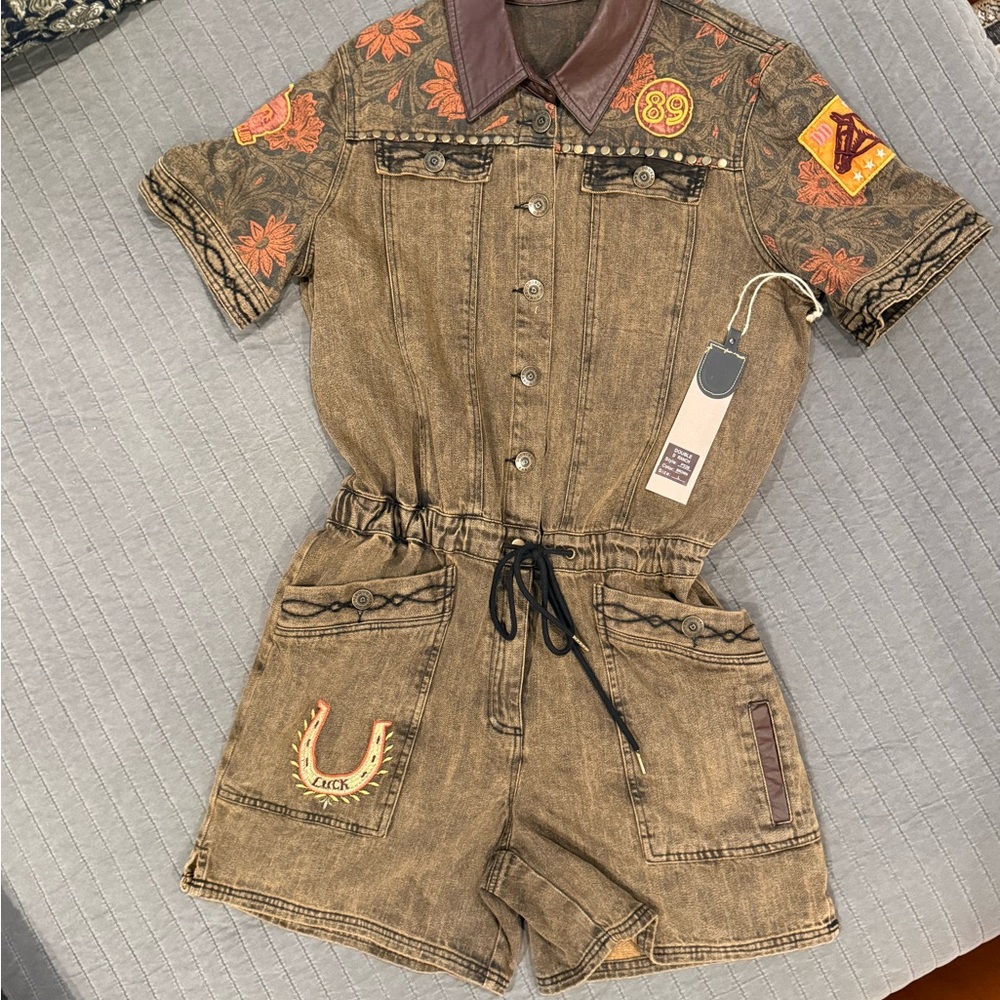 Double D RanchVintage-Inspired Brown Denim Romper with Embroidered Patches